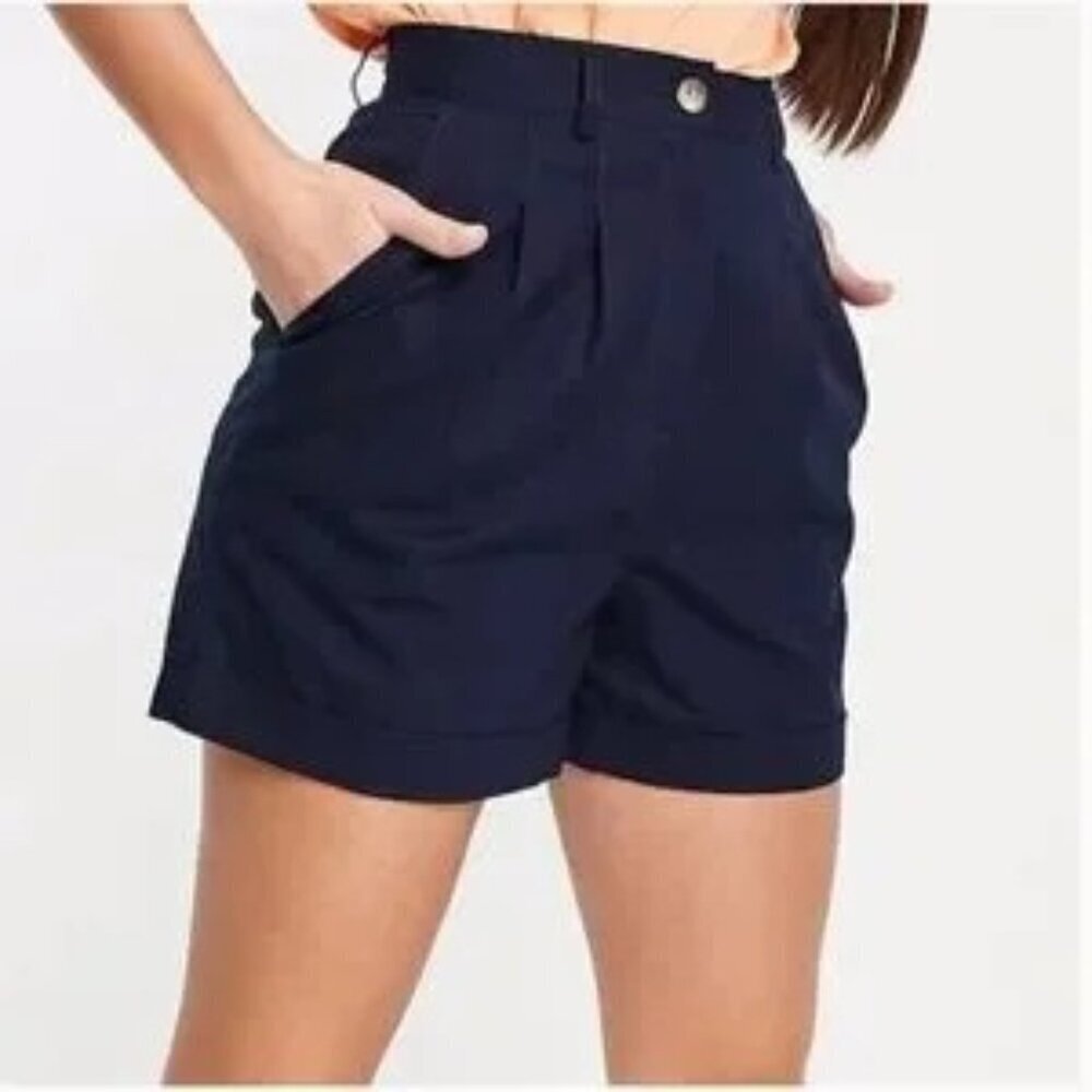 ASOS Women's Navy Blue High Waisted Shorts Pleated Cuffed Hems Size 6 Linen